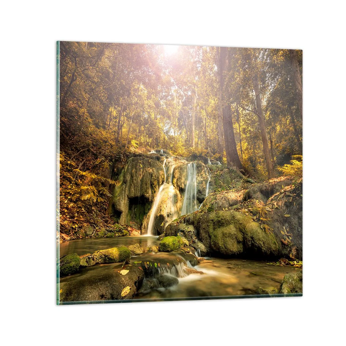 Obraz na skle - Lesný vodopád v zeleni - 30x30 cm