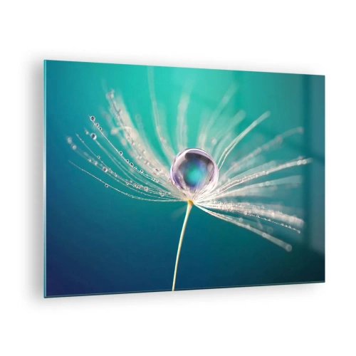Obraz na skle - Makrofotografia semienka púpavy s kvapkou rosy na tyrkysovom pozadí - 70x50cm - Mystický okamih - Moderná nástenná dekorácia do obývacej izby a spálne ARTTOR