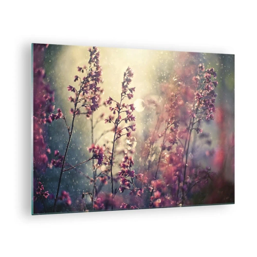 Obraz na skle - Kvety na slnku v jemnom daždi - 70x50cm - Tajná záhrada - Moderná nástenná dekorácia do obývacej izby a spálne ARTTOR