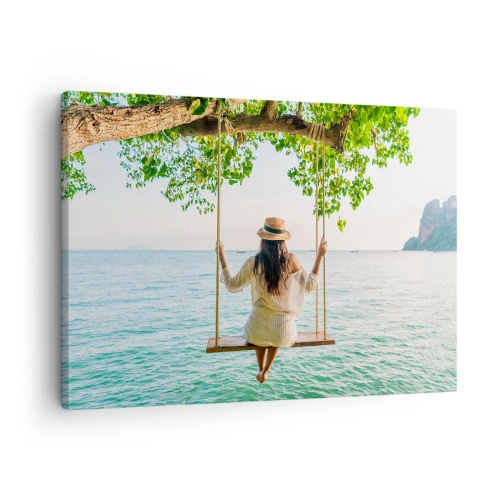 Obraz na plátne - Žena na hojdačke pri mori v tropickej krajine - 70x50cm - Život je krásny - Moderná nástenná dekorácia do obývacej izby a spálne ARTTOR
