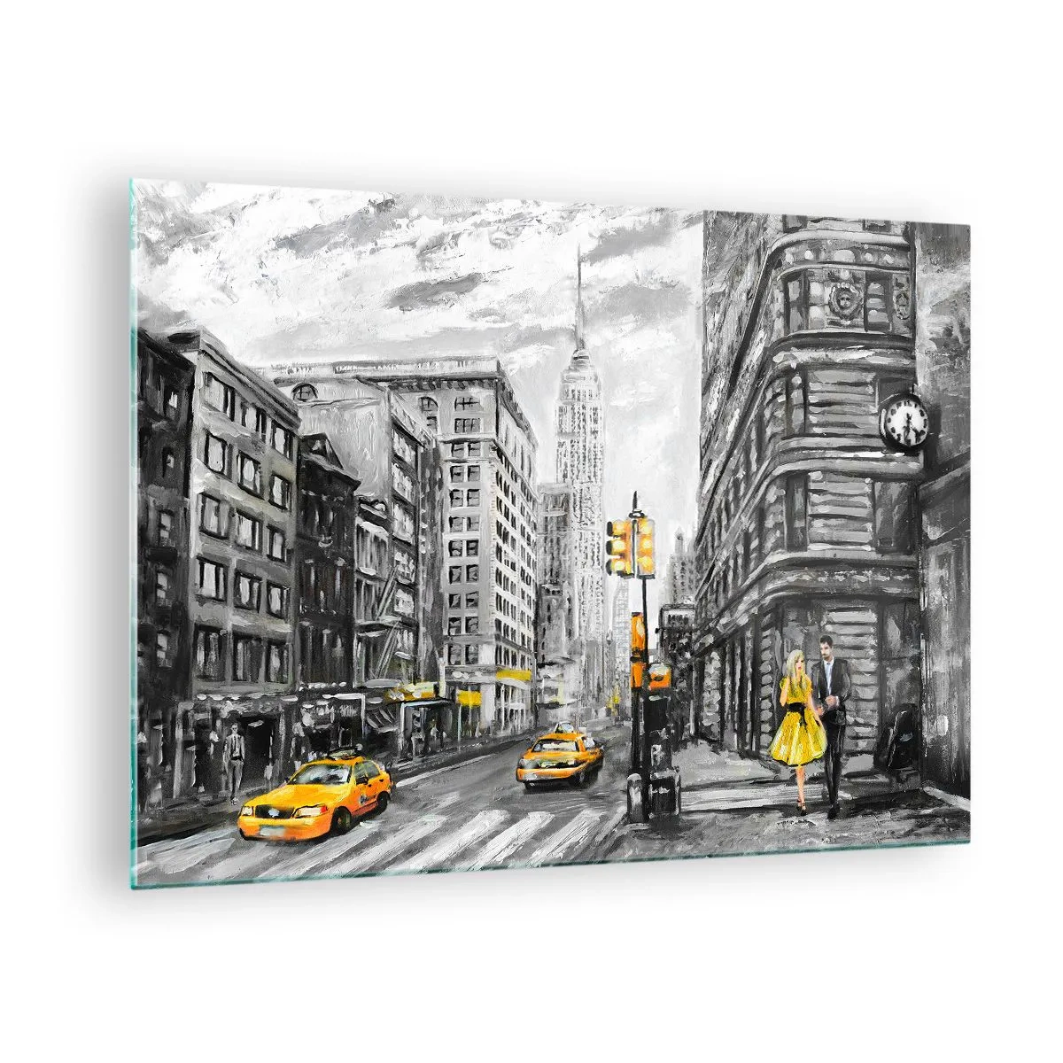 Obraz na skle - Ilustrácia New Yorku v odtieňoch čiernej a bielej so žltými akcentmi. - 70x50cm - Newyorský príbeh - Moderná nástenná dekorácia do obývacej izby a spálne ARTTOR