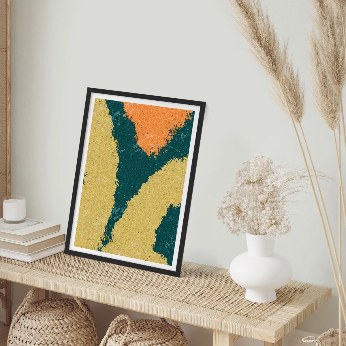 Plagát v čiernom ráme - Abstraktné farebné škvrny v odtieňoch zelenej a oranžovej - 50x70cm - Abstrakcia – spomalený pohyb - Moderná nástenná dekorácia do obývacej izby a spálne ARTTOR