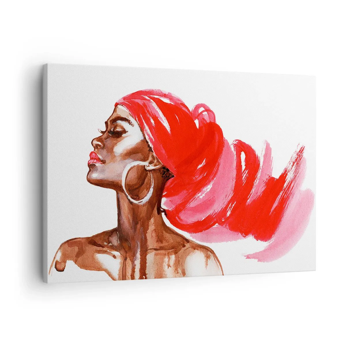 Obraz na plátne - Profil ženy s červeným turbanom a náušnicami - 70x50cm - „Existuje vietor, ktorý rozťahuje mužské nozdry“ - Moderná nástenná dekorácia do obývacej izby a spálne ARTTOR