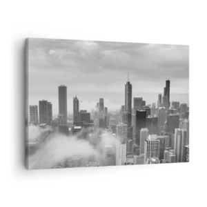 Obraz na plátne - Panoráma mesta s mrakodrapmi v oblakoch v čiernobielej farbe - 70x50cm - Americká krajina - Moderná nástenná dekorácia do obývacej izby a spálne ARTTOR