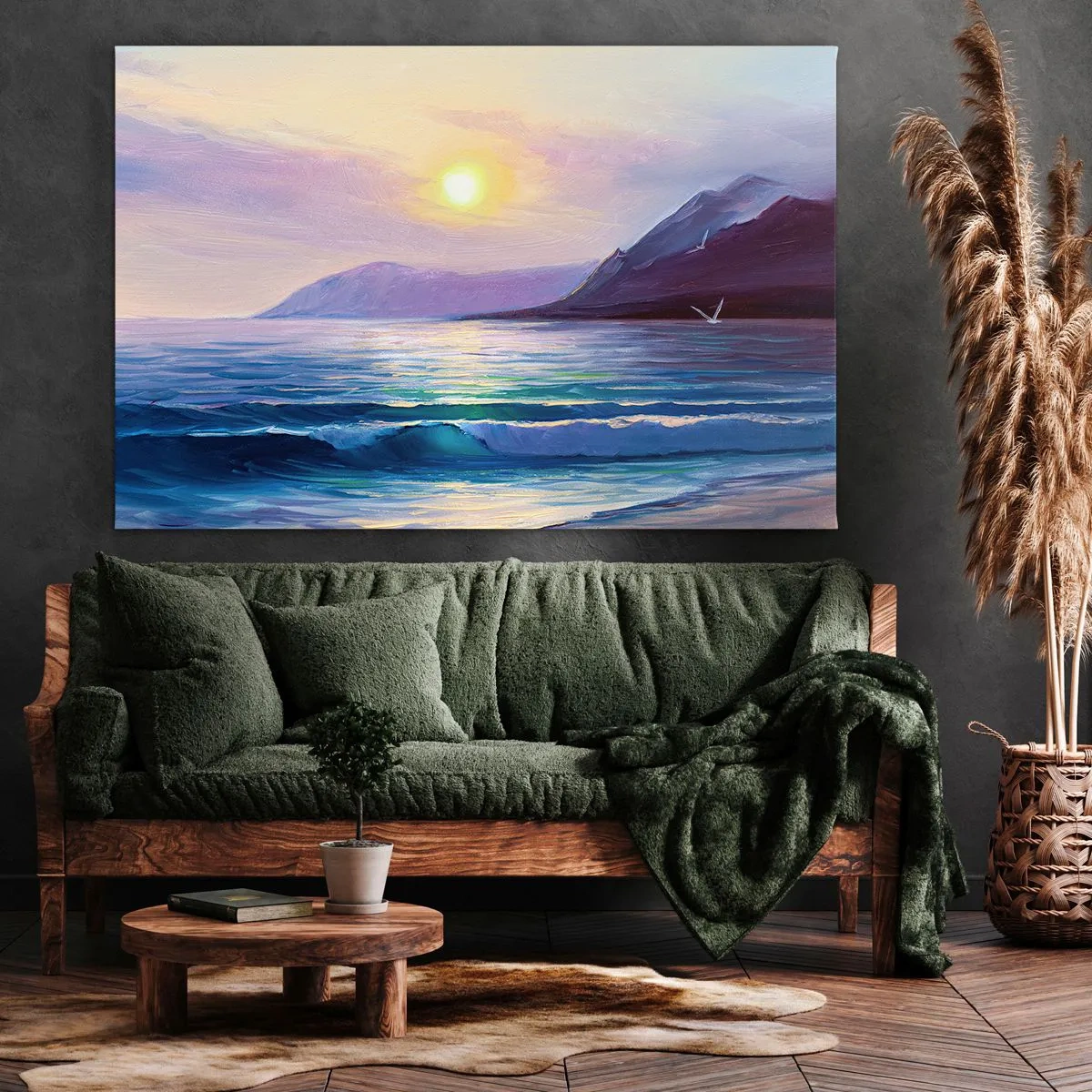 Obraz na plátne - Malebná prímorská krajina pri západe slnka s vlnami a horami - 70x50cm - Krištáľ vody a vzduchu - Moderná nástenná dekorácia do obývacej izby a spálne ARTTOR