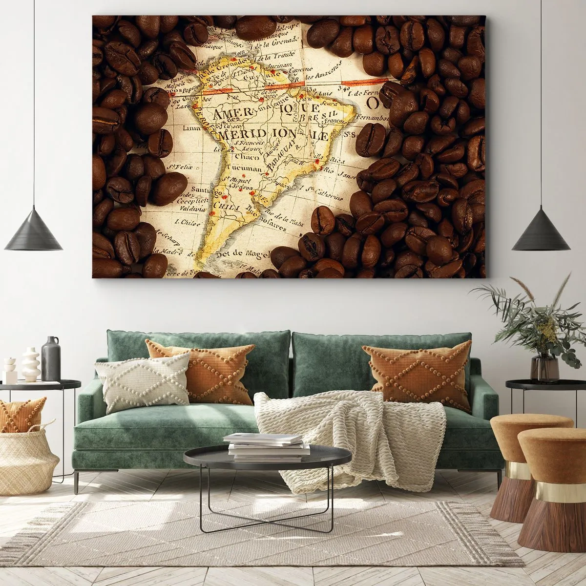 Obraz na plátne - Mapa Južnej Ameriky obklopená kávovými zrnami. - 70x50cm - Odkiaľ je najlepšia káva? - Moderná nástenná dekorácia do obývacej izby a spálne ARTTOR