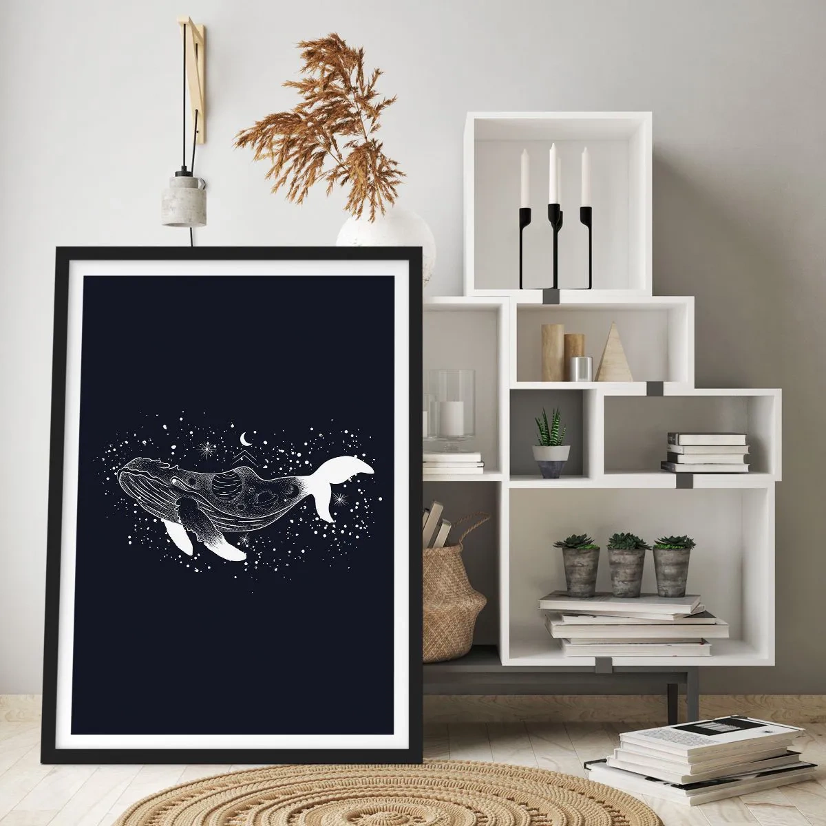 Plagát v čiernom ráme - Vesmírna veľryba v grafickom štýle na čiernom pozadí - 50x70cm - V oceáne vesmíru - Moderná nástenná dekorácia do obývacej izby a spálne ARTTOR