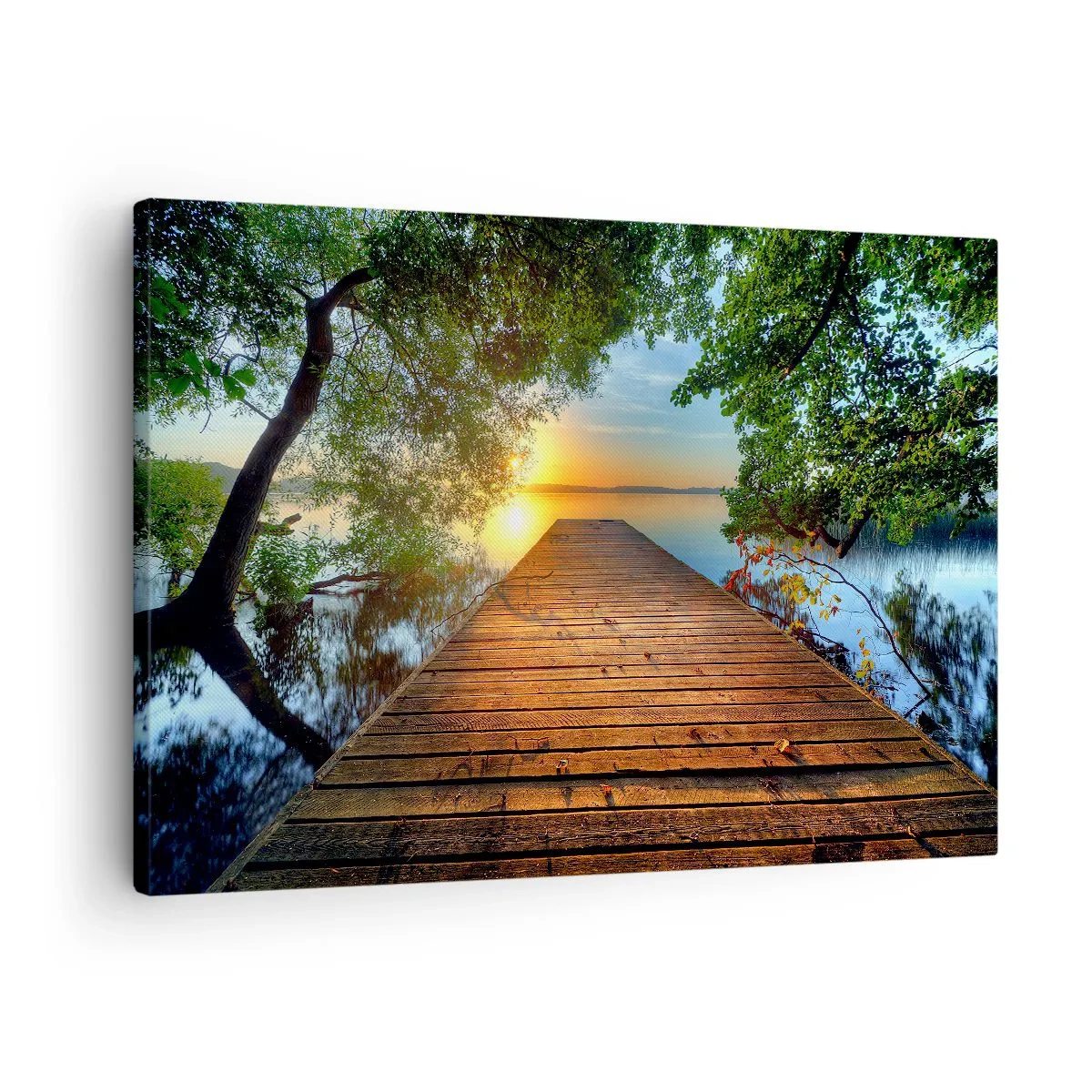Obraz na plátne - Drevené mólo obklopené zeleňou pri západe slnka - 70x50cm - Neponáhľaj sa, posaď sa - Moderná nástenná dekorácia do obývacej izby a spálne ARTTOR