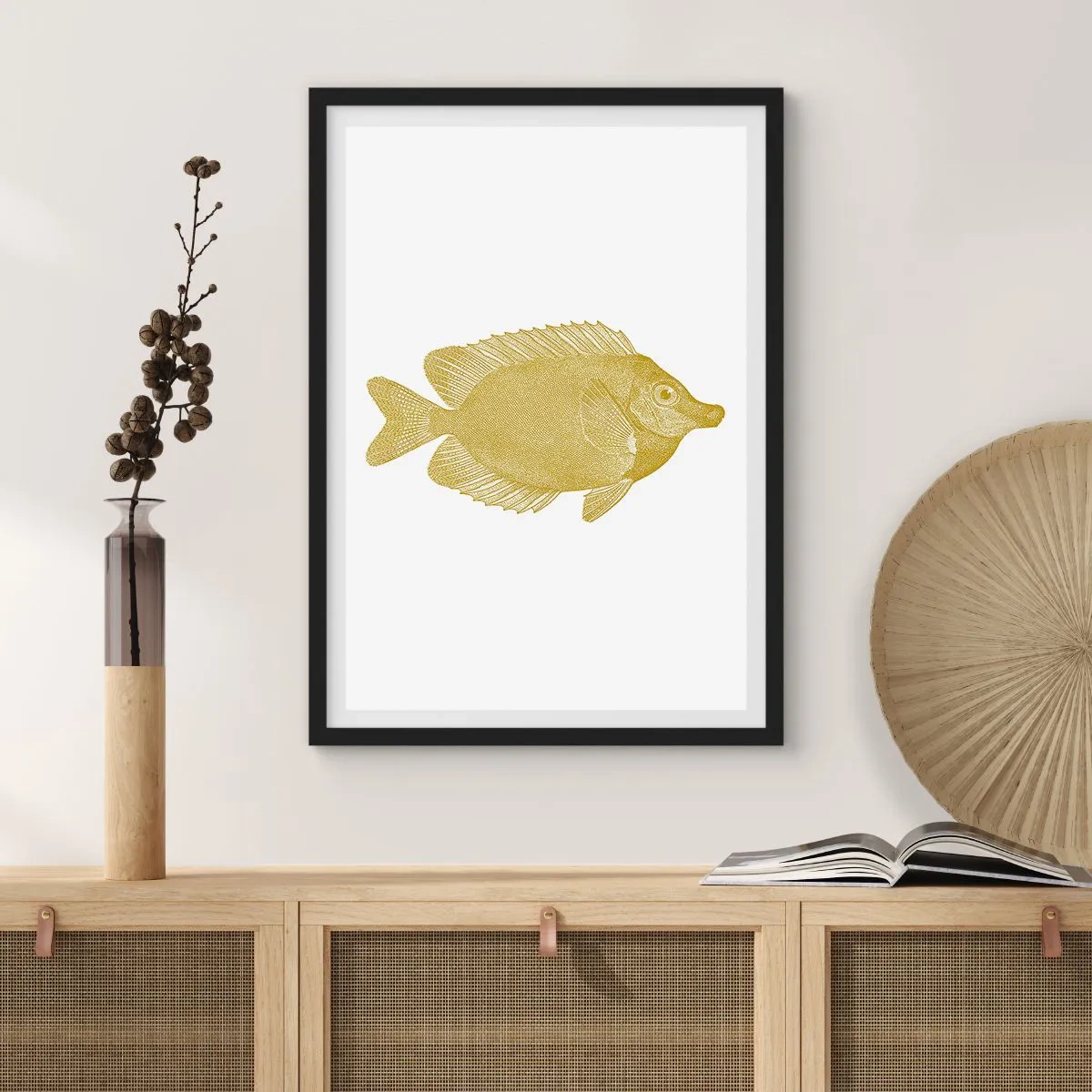 Plagát v čiernom ráme - Vintage zlaté rybky na bielom pozadí - 50x70cm - Proste ryba - Moderná nástenná dekorácia do obývacej izby a spálne ARTTOR