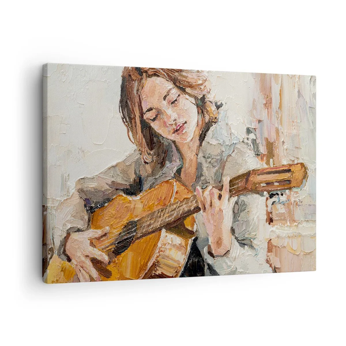 Obraz na plátne - Portrét dievčaťa hrajúceho na gitare v maliarskom štýle s teplými farbami. - 70x50cm - Koncert pre gitaru a dievčenské srdce - Moderná nástenná dekorácia do obývacej izby a spálne ARTTOR