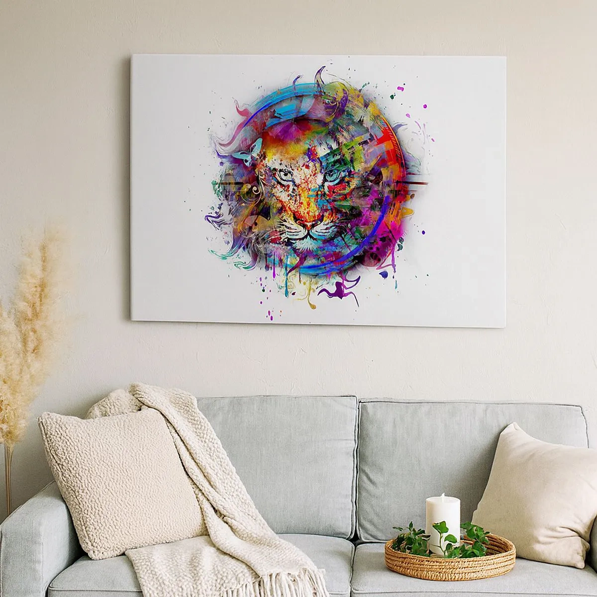 Obraz na plátne - Farebný portrét leva v abstraktnom štýle - 70x50cm - Skrýva sa za dúhovým závojom - Moderná nástenná dekorácia do obývacej izby a spálne ARTTOR