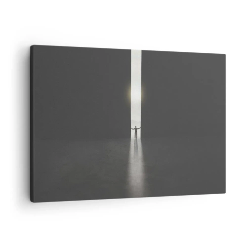 Obraz na plátne - Muž stojaci vo svetle úzkej štrbiny v tmavom priestore - 70x50cm - Krok k svetlej budúcnosti - Moderná nástenná dekorácia do obývacej izby a spálne ARTTOR