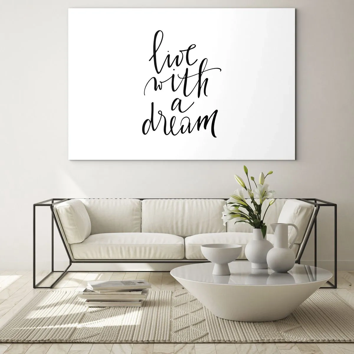 Obraz na skle - Citát „Žiť so snom“ v elegantnej kaligrafii - 70x50cm - Of course - Moderná nástenná dekorácia do obývacej izby a spálne ARTTOR