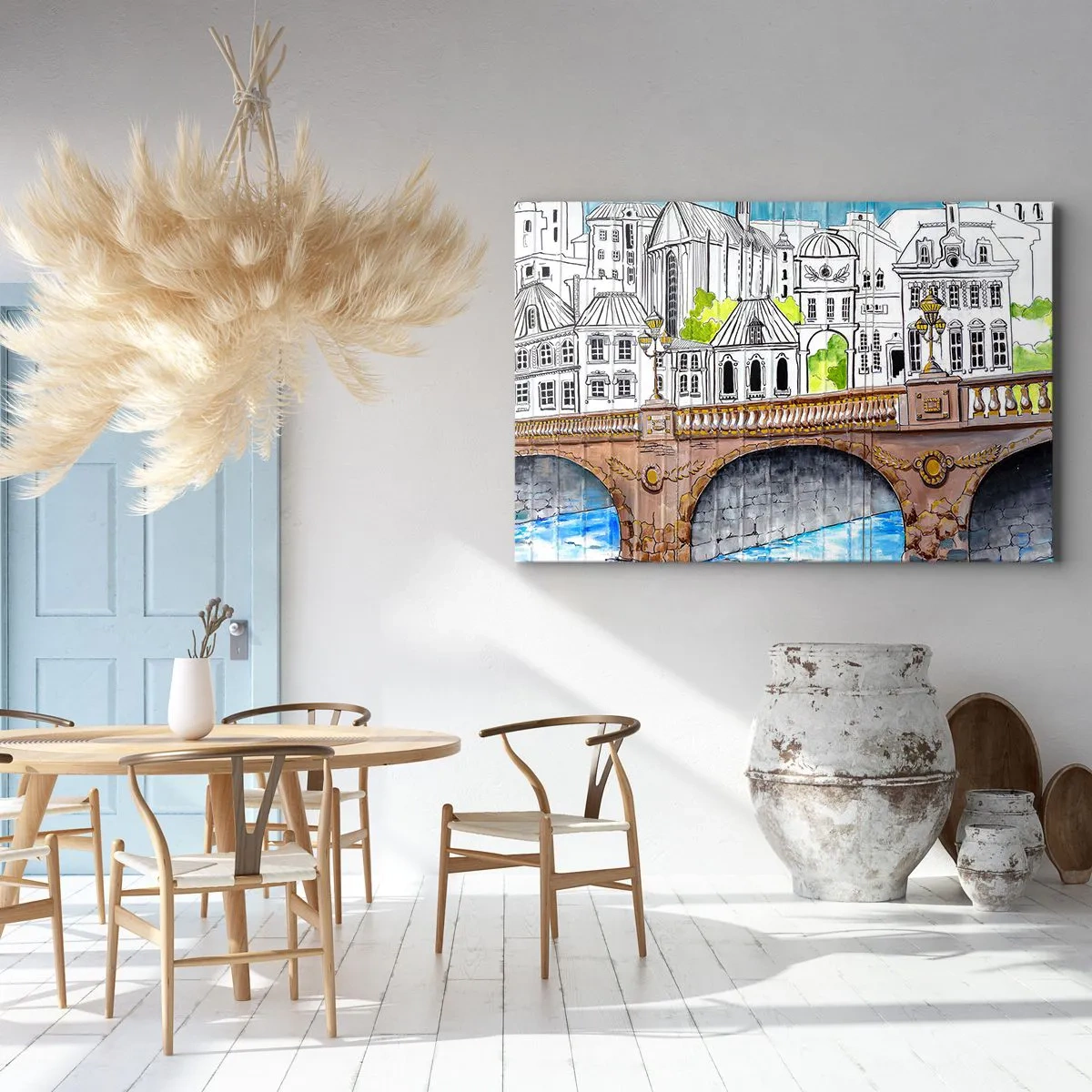 Obraz na plátne - Kresba mosta a historickej mestskej architektúry - 70x50cm - Mesto ako maľované - Moderná nástenná dekorácia do obývacej izby a spálne ARTTOR