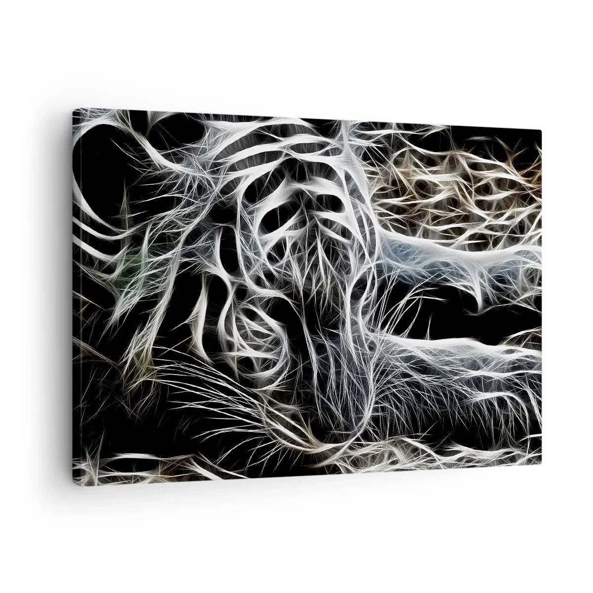 Obraz na plátne - Abstraktný vzor zobrazujúci siluetu mačky na čiernom pozadí. - 70x50cm - Štúdia mačacej ľahkosti - Moderná nástenná dekorácia do obývacej izby a spálne ARTTOR