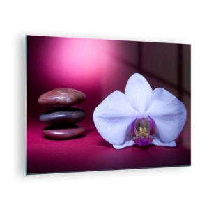 Obraz na skle - Biela orchidea a kamene na pozadí fialového svetla - 70x50cm - Štúdia sviežosti vo fialovej - Moderná nástenná dekorácia do obývacej izby a spálne ARTTOR