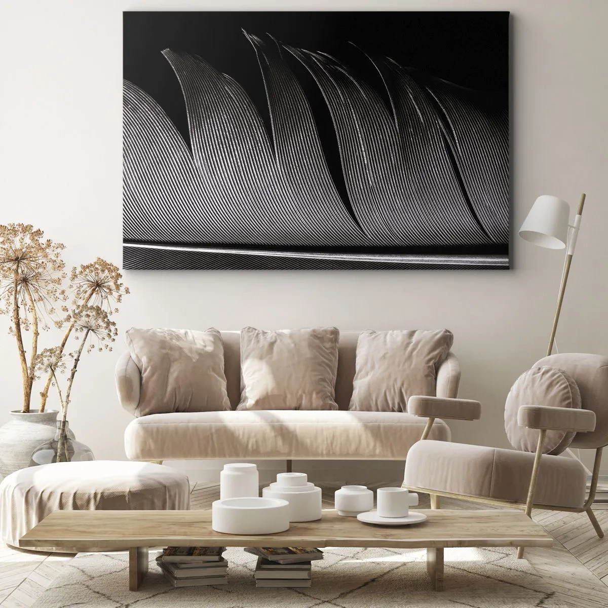 Obraz na plátne - Čiernobiela textúra peria v minimalistickom štýle - 70x50cm - Perie – nádherná konštrukcia - Moderná nástenná dekorácia do obývacej izby a spálne ARTTOR