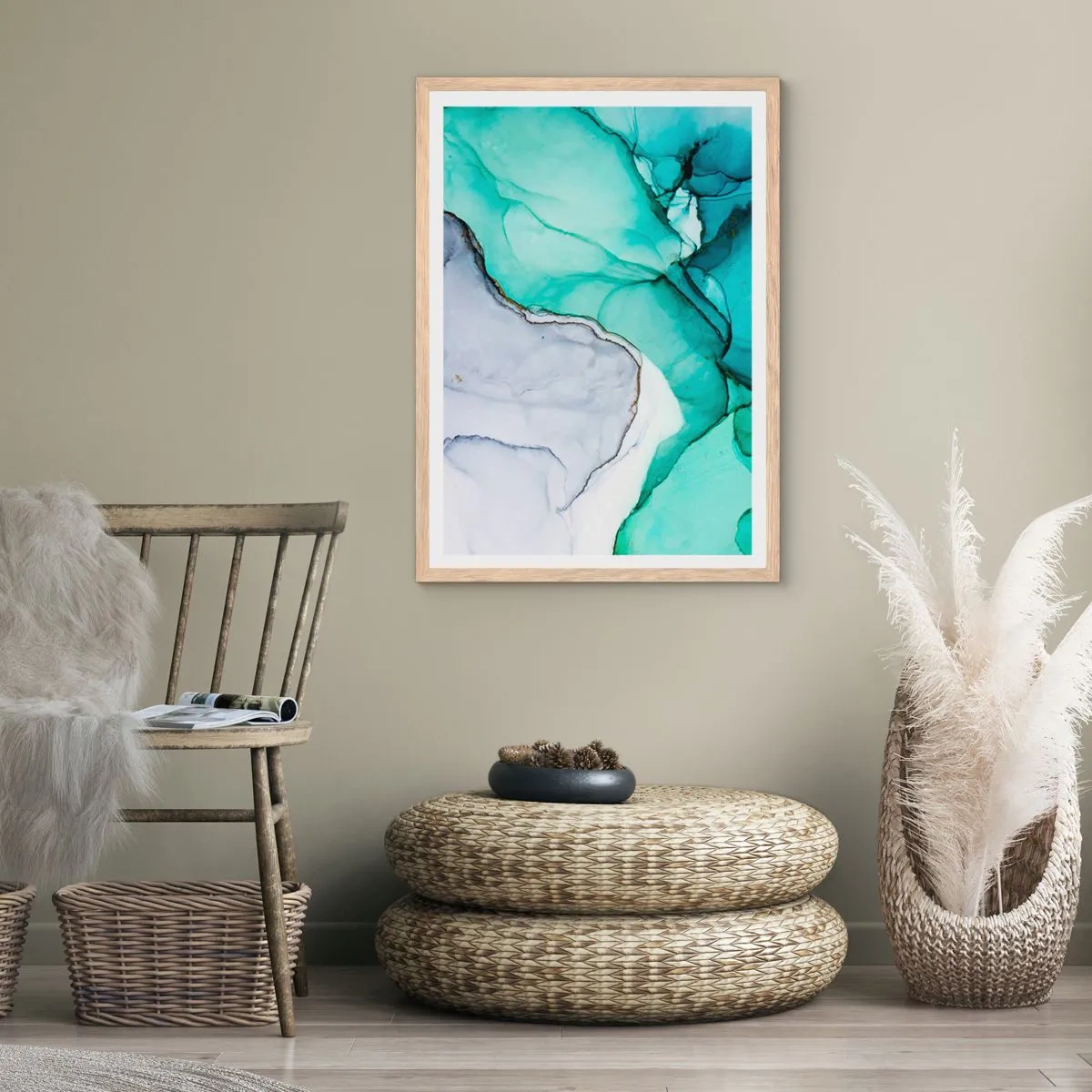 Plagát v ráme zo svetlého duba - Štúdia v tyrkysovej - 61x91 cm