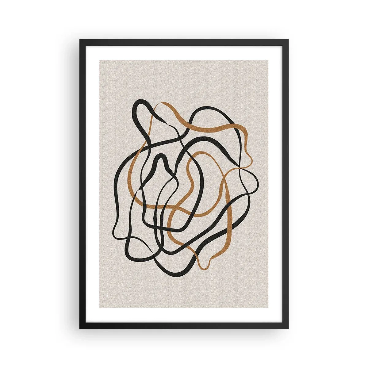 Plagát v čiernom ráme - Abstraktné zamotané čiary v čiernej a zlatej farbe na béžovej - 50x70cm - Všetko sa pokrútilo - Moderná nástenná dekorácia do obývacej izby a spálne ARTTOR
