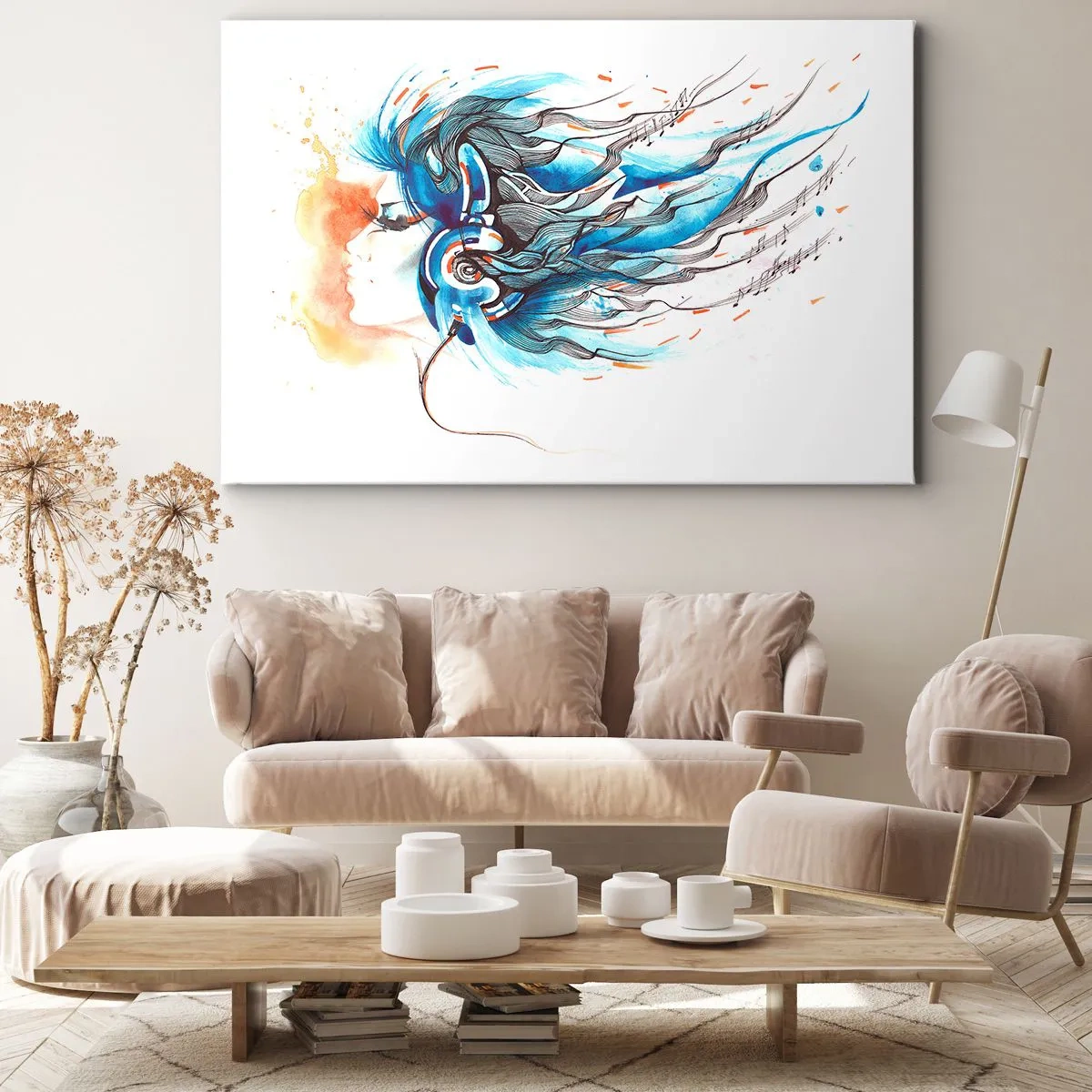 Obraz na plátne - Umelecká grafika ženy so slúchadlami s hudobnými akcentmi - 70x50cm - Nech hrá hudba - Moderná nástenná dekorácia do obývacej izby a spálne ARTTOR