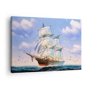 Obraz na plátne - Plachetnica na otvorenom mori pod modrou oblohou - 70x50cm - Hrdo s vetrom - Moderná nástenná dekorácia do obývacej izby a spálne ARTTOR