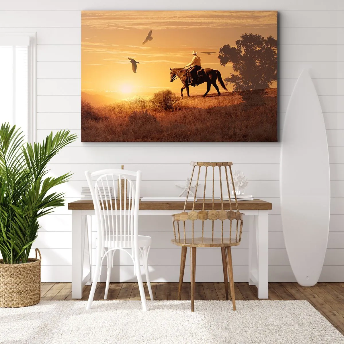 Obraz na plátne - Jazdec na koni pri západe slnka na pozadí prérie - 70x50cm - Sám cez prériu - Moderná nástenná dekorácia do obývacej izby a spálne ARTTOR