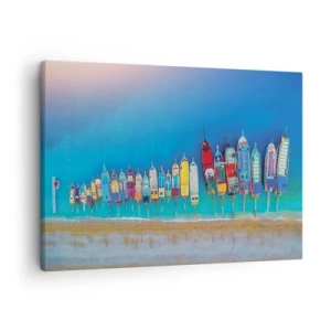 Obraz na plátne - Farebné lode zoradené v rade na brehu - 70x50cm - Z vtáčej perspektívy - Moderná nástenná dekorácia do obývacej izby a spálne ARTTOR