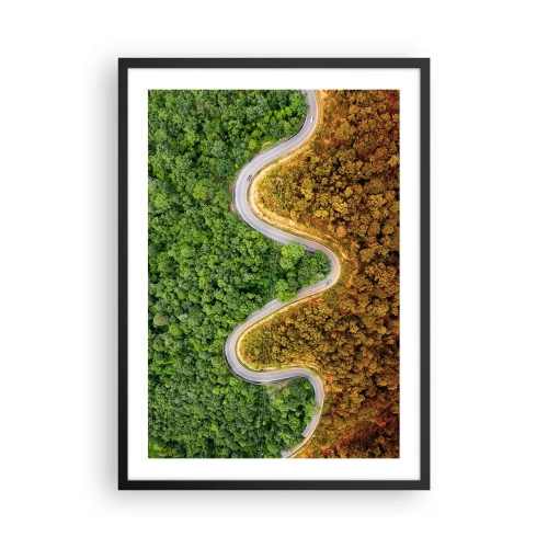 Plagát v čiernom ráme - Cesta sa kľukatí lesom rozdeleným na zelenú a jesennú časť - 50x70cm - Hranice a prelomy - Moderná nástenná dekorácia do obývacej izby a spálne ARTTOR