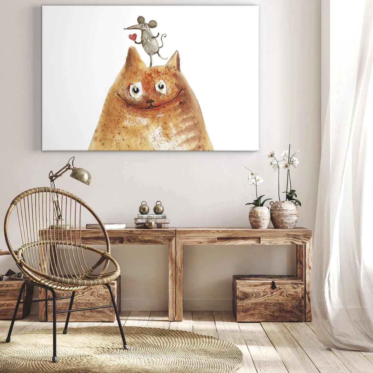 Obraz na plátne - Kresba mačky s myšou na hlave, ktorá drží srdce - 70x50cm - Paradoxy lásky - Moderná nástenná dekorácia do obývacej izby a spálne ARTTOR