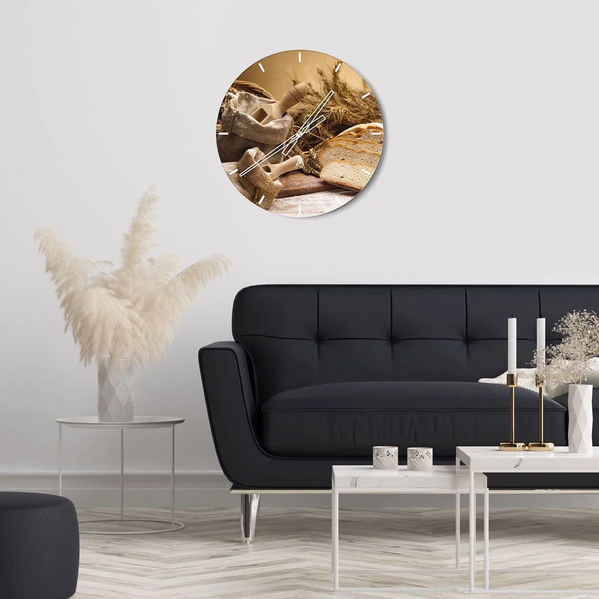 Nástenné hodiny - Vrece múky, chleba a klasov obilia v rustikálnom štýle - 30x30cm - Ako utnúť nožom - Moderná nástenná dekorácia do obývacej izby, kuchyne a spálne ARTTOR