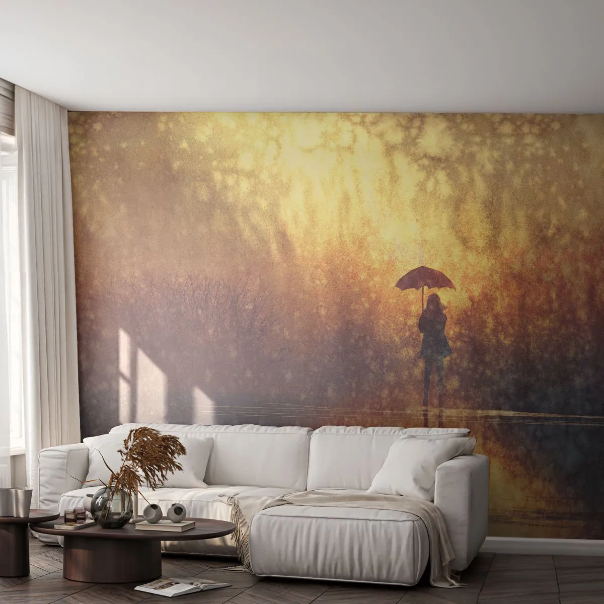 Fototapeta Premium Sand - Cítim, že sa na mňa niekto pozerá - Abstrakcia, Žena, Prechádzka v daždi - 100x70 cm