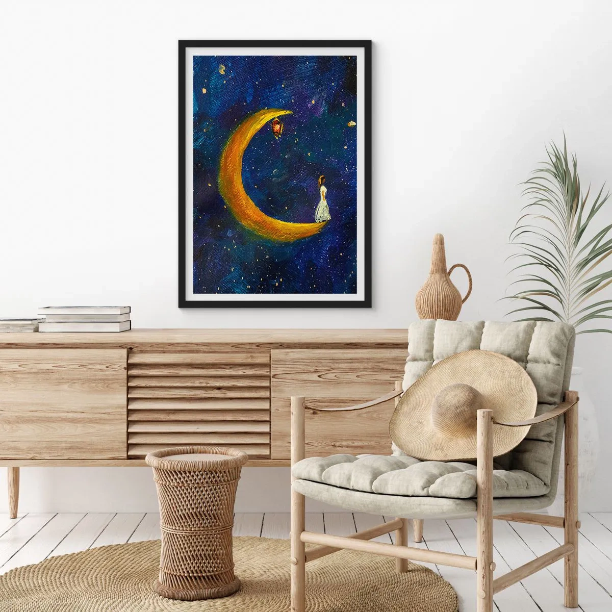 Plagát v čiernom ráme - Postava na zlatom mesiaci proti nočnej oblohe s hviezdami - 50x70cm - Volanie sveta - Moderná nástenná dekorácia do obývacej izby a spálne ARTTOR