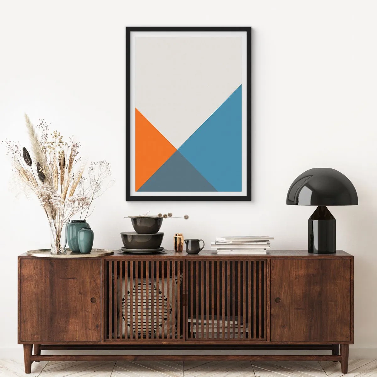 Plagát v čiernom ráme - Geometrická kompozícia v odtieňoch oranžovej a modrej - 50x70cm - Pod uhlom… - Moderná nástenná dekorácia do obývacej izby a spálne ARTTOR