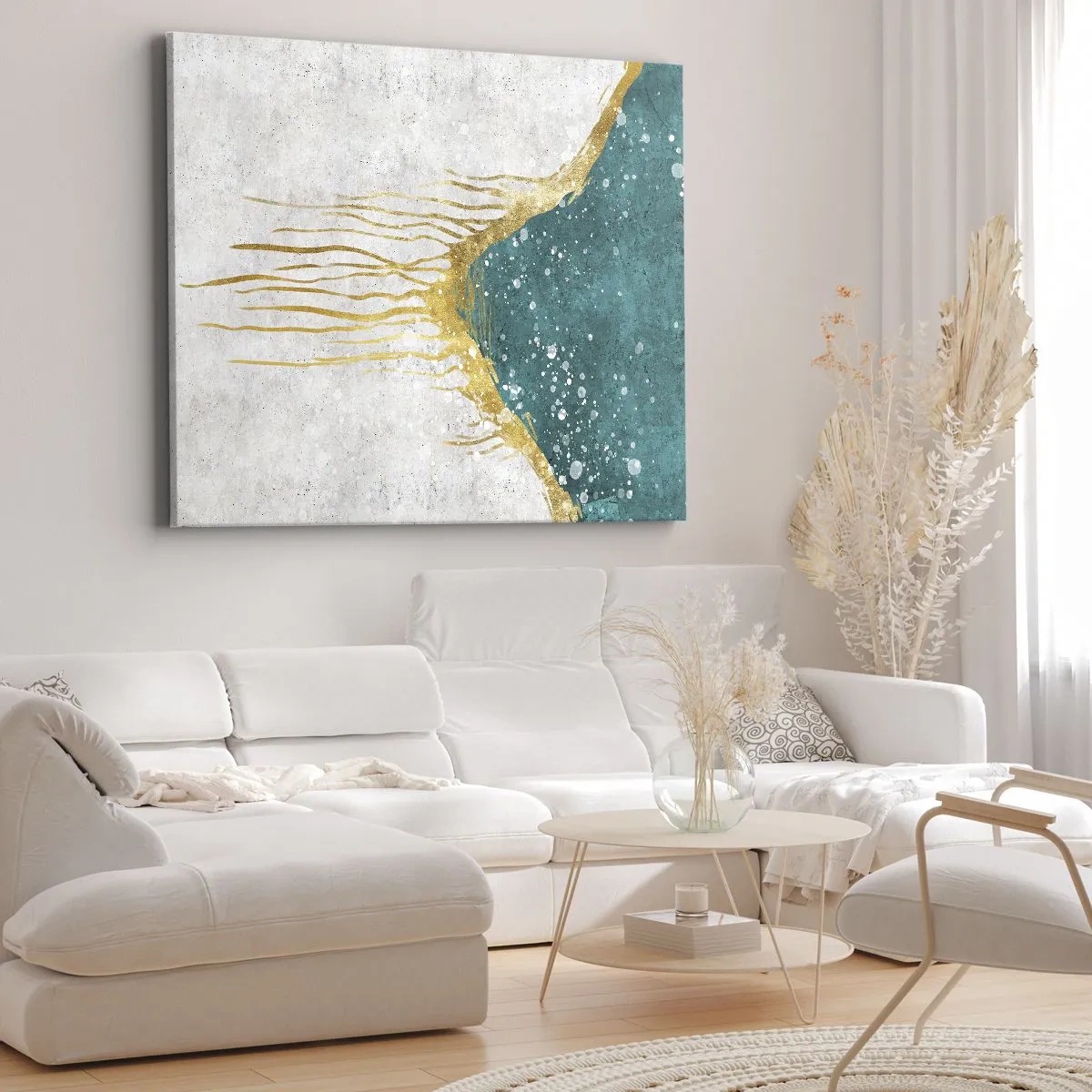 Obraz na plátne - Abstraktná kompozícia v odtieňoch zlatej a tyrkysovej - 70x50cm - Zlatý príliv - Moderná nástenná dekorácia do obývacej izby a spálne ARTTOR