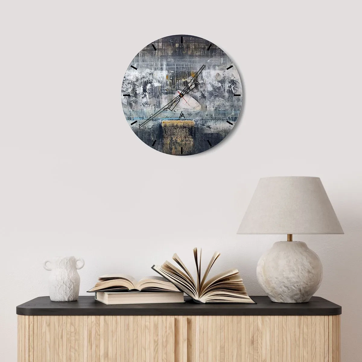 Nástenné hodiny - Abstraktná kompozícia v chladných odtieňoch s textúrami - 30x30cm - Ako na ľade, tak aj na hrude - Moderná nástenná dekorácia do obývacej izby, kuchyne a spálne ARTTOR