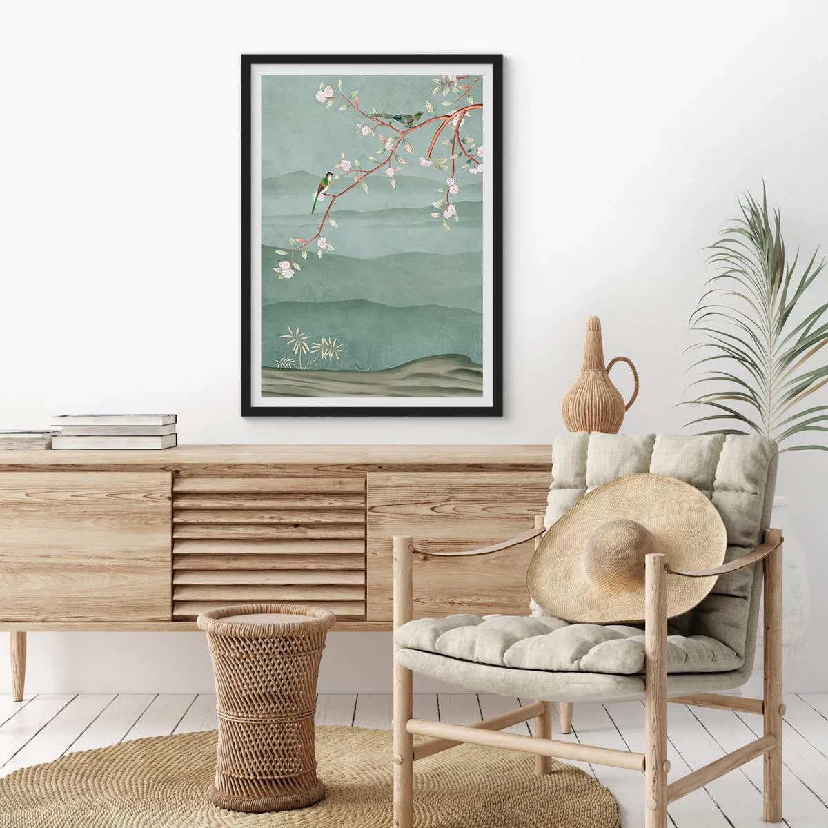 Plagát v čiernom ráme - Vtáky na kvitnúcej vetve s výhľadom na kopce - 50x70cm - Jar je tu - Moderná nástenná dekorácia do obývacej izby a spálne ARTTOR