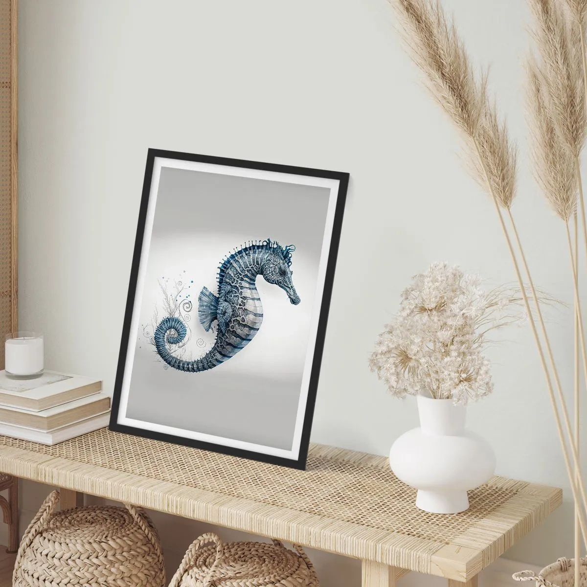 Plagát v čiernom ráme - Detailná ilustrácia morského koníka na svetlom pozadí - 50x70cm - Jemný vtip prírody - Moderná nástenná dekorácia do obývacej izby a spálne ARTTOR