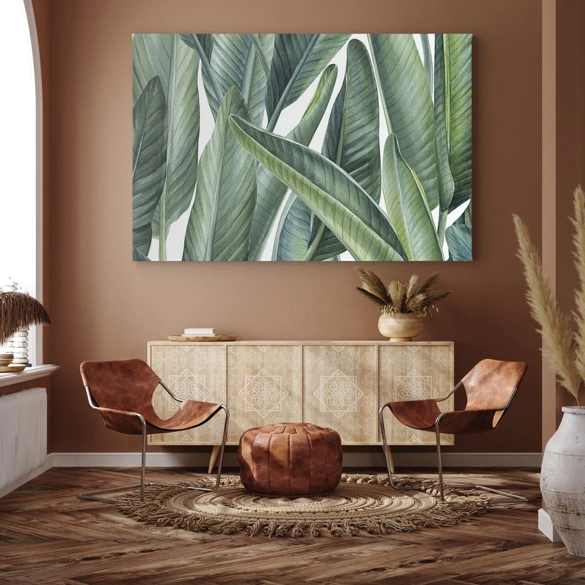 Obraz na plátne - Zelené listy v minimalistickom, botanickom štýle - 70x50cm - Proste zelená - Moderná nástenná dekorácia do obývacej izby a spálne ARTTOR