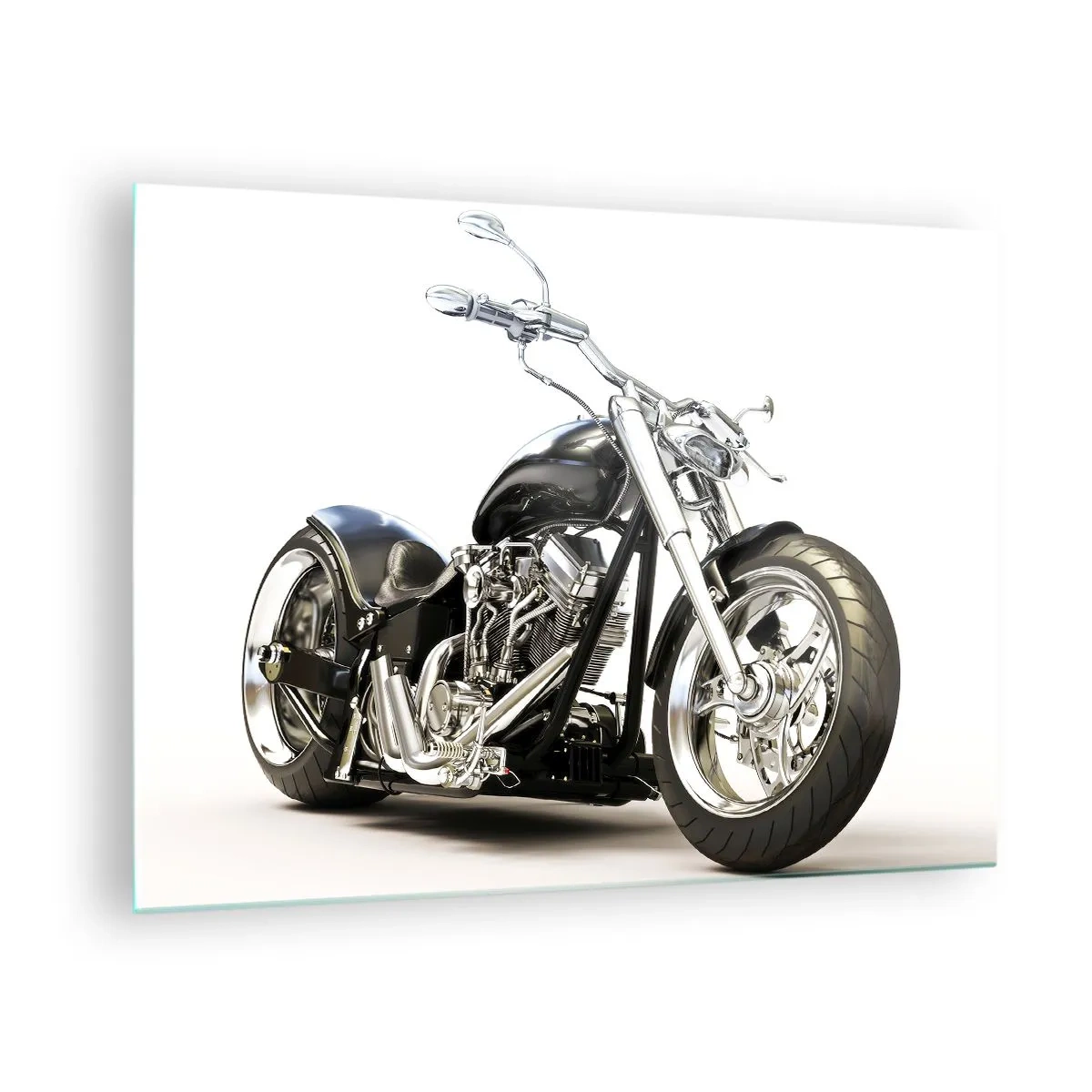 Obraz na skle - Čierny chopper motocykel na svetlom pozadí - 70x50cm - Sila s charakterom - Moderná nástenná dekorácia do obývacej izby a spálne ARTTOR