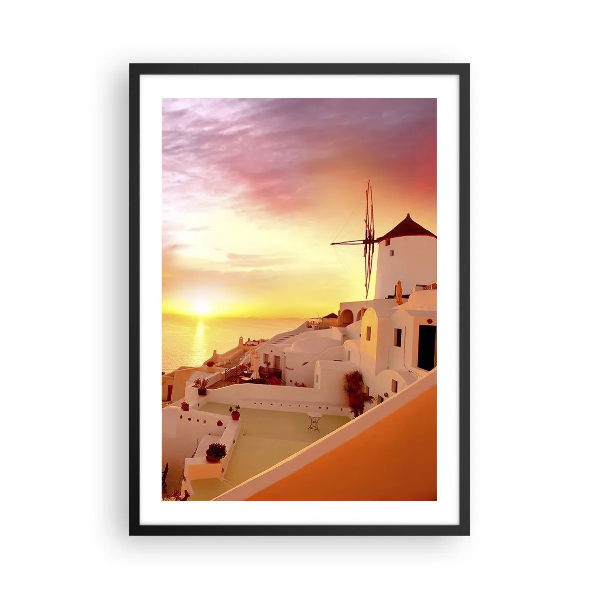 Plagát v čiernom ráme - Malebný západ slnka v gréckom mestečku - 50x70cm - Rozplynúť sa v bielej a zlatej - Moderná nástenná dekorácia do obývacej izby a spálne ARTTOR