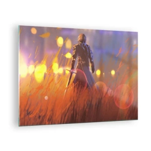 Obraz na skle - Postava v brnení medzi oranžovou trávou so svietiacim pozadím. - 70x50cm - Bludný rytier - Moderná nástenná dekorácia do obývacej izby a spálne ARTTOR