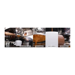 Vzorka samolepiacej fototapety Deluxe Sticker - Dobrá chvíľa dňa - Káva, Stroj na kávu, Barista - 100x30 cm