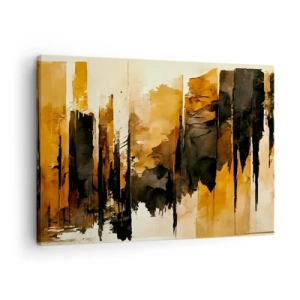 Obraz na plátne - Abstraktné zlaté a čierne pruhy v umeleckej kompozícii - 70x50cm - Harmónia čiernej a zlatej - Moderná nástenná dekorácia do obývacej izby a spálne ARTTOR