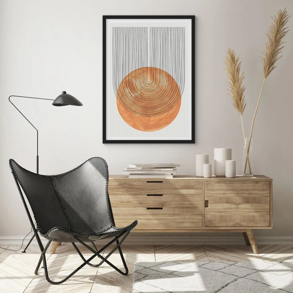 Plagát v čiernom ráme - Geometrická abstrakcia v zemitých tónoch - 50x70cm - Slnečná kompozícia - Moderná nástenná dekorácia do obývacej izby a spálne ARTTOR