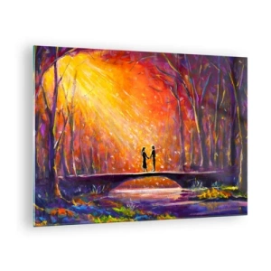 Obraz na skle - Pár na moste vo svetle zapadajúceho slnka, obklopený stromami. - 70x50cm - Nebo ich tiež miluje - Moderná nástenná dekorácia do obývacej izby a spálne ARTTOR