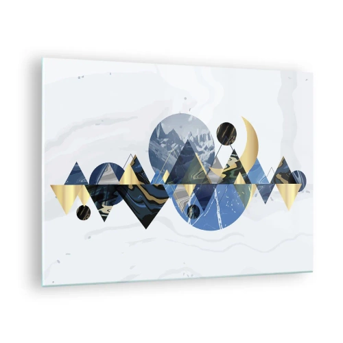 Obraz na skle - Abstraktné geometrické útvary v odtieňoch tmavomodrej a zlatej - 70x50cm - Geometrická krajina - Moderná nástenná dekorácia do obývacej izby a spálne ARTTOR