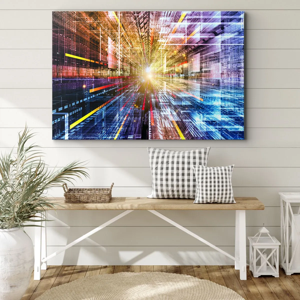 Obraz na plátne - Dynamické svetlá vo futuristickej chodbe - 70x50cm - Osvetlená chodba - Moderná nástenná dekorácia do obývacej izby a spálne ARTTOR