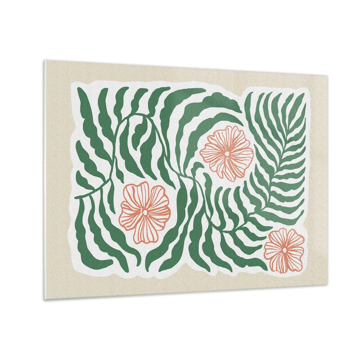 Obraz na skle - Zelené listy a červené kvety v grafickom aranžmáne - 70x50cm - Rozkvitnuté v zeleni - Moderná nástenná dekorácia do obývacej izby a spálne ARTTOR