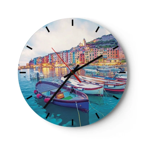 Nástenné hodiny - Farebný prímorský prístav s loďkami pri západe slnka - 30x30cm - Farebný večer v prístave - Moderná nástenná dekorácia do obývacej izby, kuchyne a spálne ARTTOR