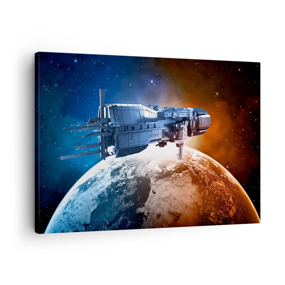 Obraz na plátne - Vesmírna loď na pozadí planéty vo vesmíre - 70x50cm - Pozorný pozorovateľ - Moderná nástenná dekorácia do obývacej izby a spálne ARTTOR